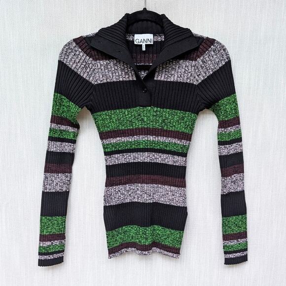 Ganni Button-Front Striped Ribbed-Knit Polo Long Sweater, size XS - Picture 1 of 7